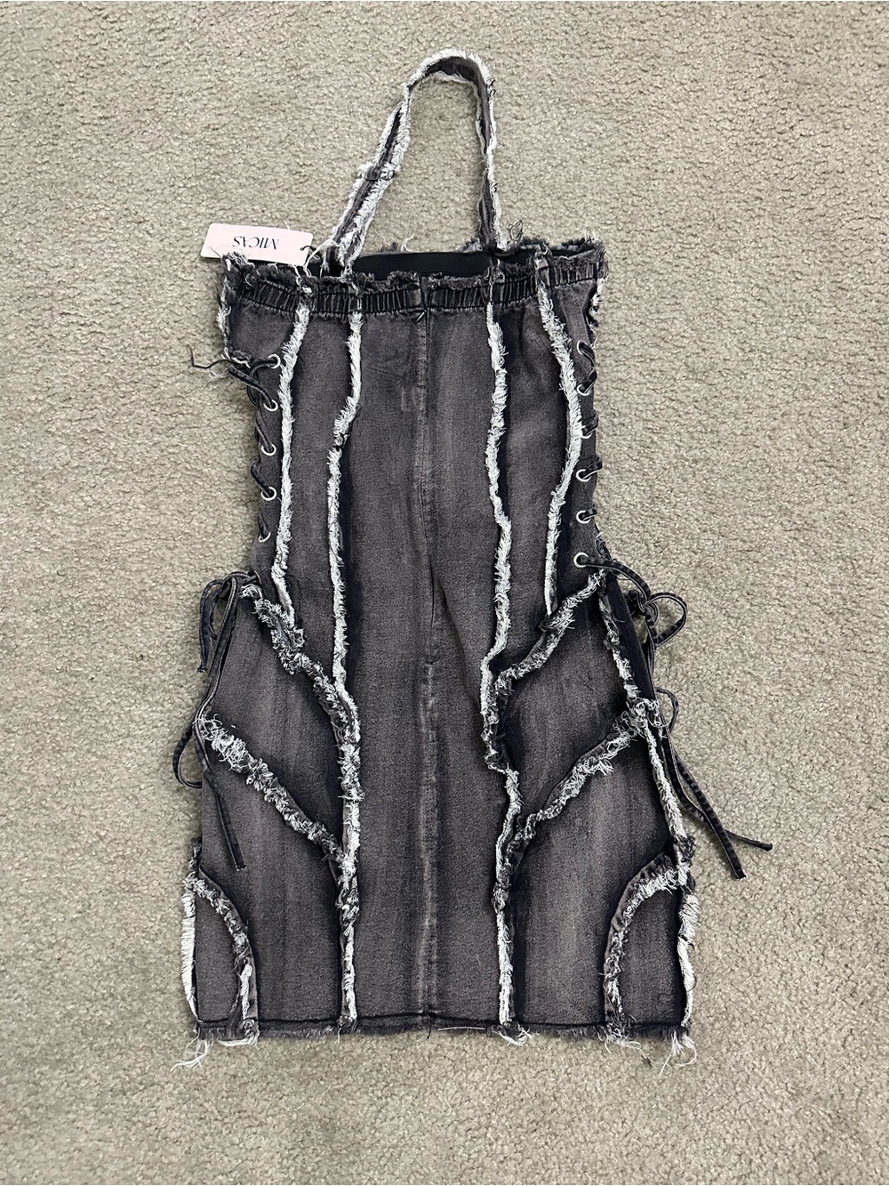 Asymmetric Frayed Denim Mini Dress | Dark Grey - Picture 4 of 4
